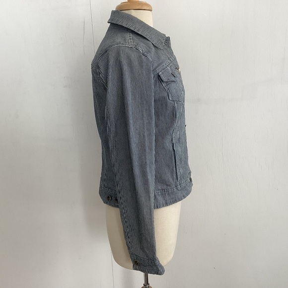 BACCINI  vintage Denim Cotton Stretch Engineer Striped JEAN JACKET size Medium - Picture 4 of 8